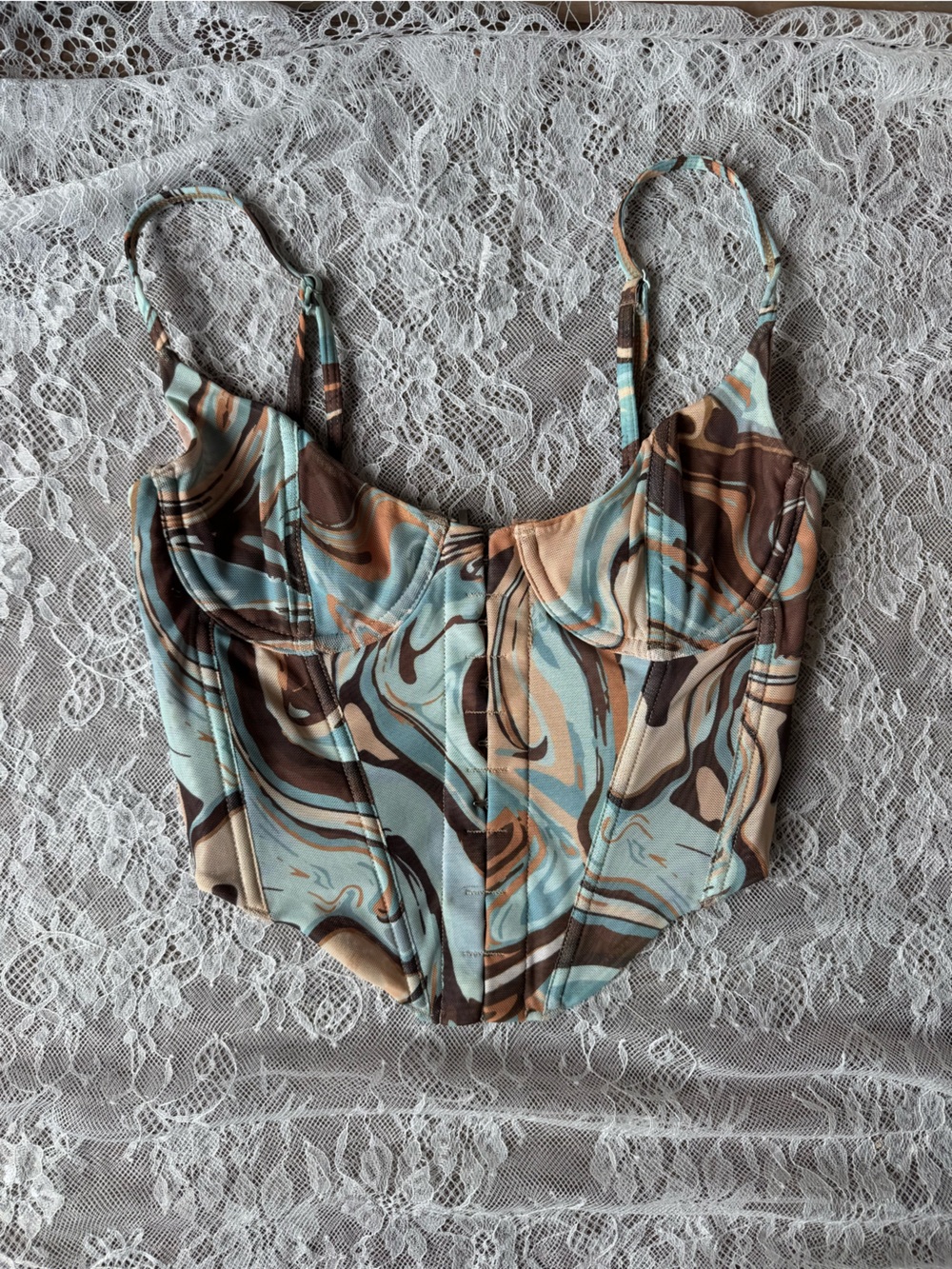 White Fox Boutique Swirl Print Bustier Top in Aqua, Brown & Tan
